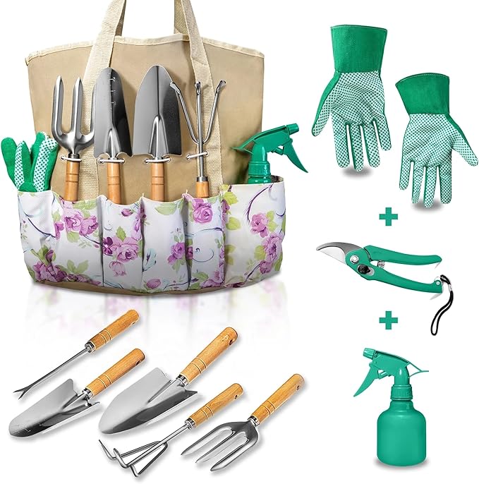 9-Piece Garden Tool Set for Women SK-5 Carbon Steel with Wooden Handle &amp Flower Tote Bag Includes Pruner Trowel Transplanter Weeder Cultivator Rake - Gardening Gifts for Mom