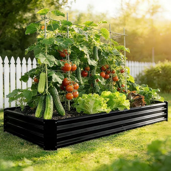 Metal Galvanized Raised Garden Bed Kit 8 x 4 x 1 ft Galvanized Steel Raised Garden Planter Box Outdoor with Open Base for Growing Vegetables/Flowers/Herbs/Fruits/Succulents Rectangle Black