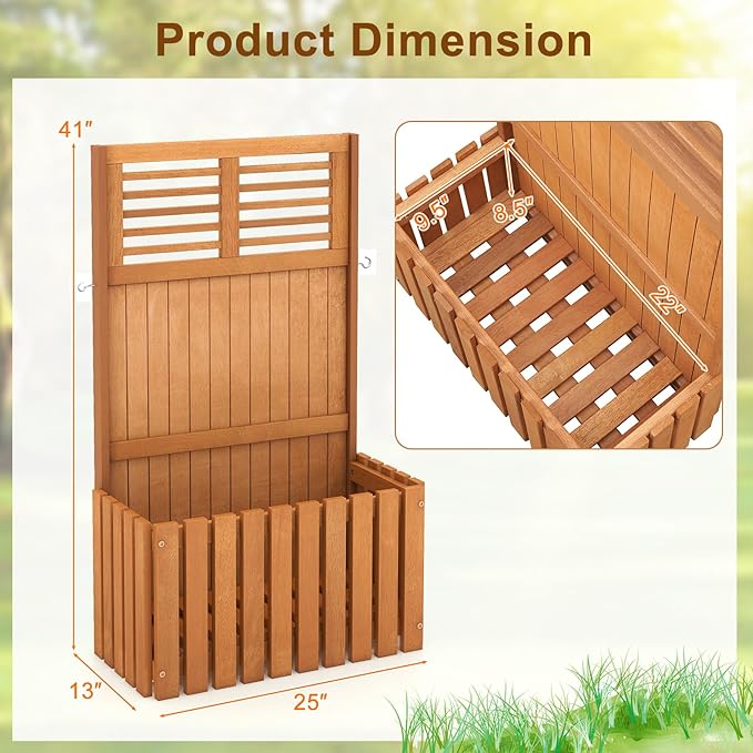 HAPPYGRILL Raised Garden Bed Wooden Planter w/Trellis &amp Privacy Screen for Hanging Pot Plants Outdoor Elevated Planter Box w/Slatted Bottom &amp 2 Side Hooks for Balcony Patio Garden (1)