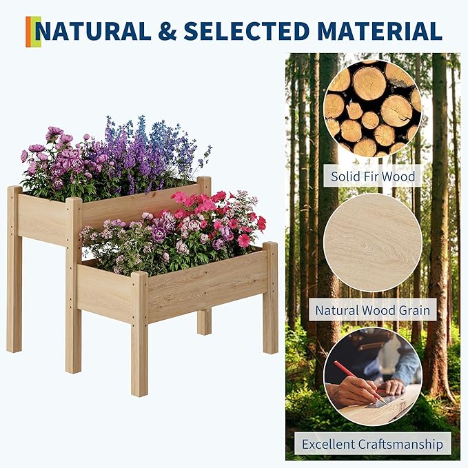 GarveeLife 34x34x29inches Two-Tier Wooden Raised Garden Bed with Legs Large Elevated Outdoor Planter Box with 8 Drainage Holes 352 Lbs Capacity for Vegetables Herbs Flowers Backyard Patio