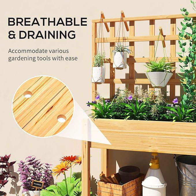 Outsunny Wooden Raised Garden Bed with Trellis Elevated Planter Box with Storage Shelf Outdoor Flower Box for Vegetables Flowers Herbs