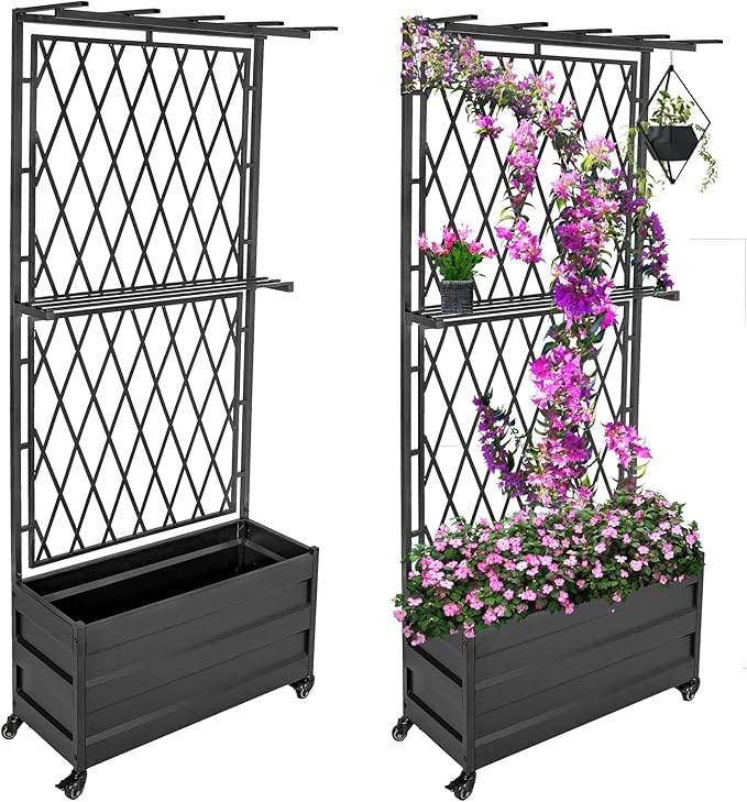 Metal Planter Box with Lattice Trellis and Wheels 70 inches Tall Heavy Duty Planter Box &amp Raised Garden Bed with Trellis for Climbing Plants Flowers with Drainage Holes 30Lx12Wx70H 2Pack