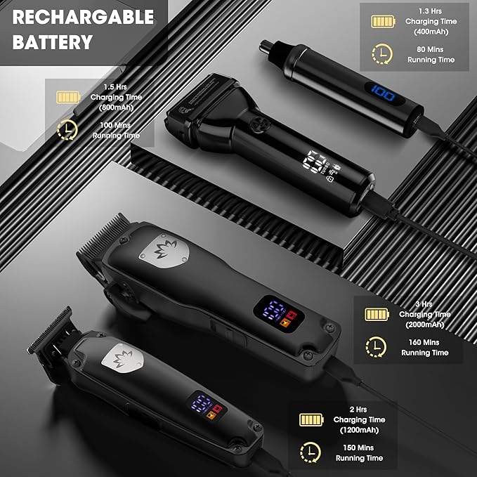 Karrte Professional Hair Clippers and Trimmer Set for Men T-Shaper Trimmer &amp Foil Shaver Nose &amp Ear Hair Trimmer Cordless Clippers and Grooming Set Hair Cutting Kit with LED Display Black