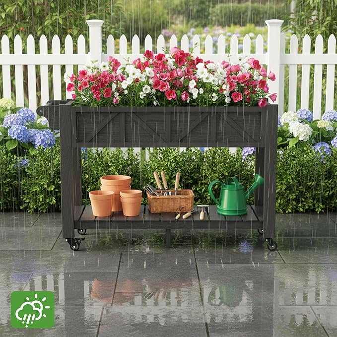 HIPS All-Weather Raised Garden Bed with Legs47.2L x 17.3W x 29.7H Large Elevated Planter Box with Wheels &amp HandleRaised Bed Planters with 3 Hooks &amp Non-Woven Liner for Vegetables Flower H