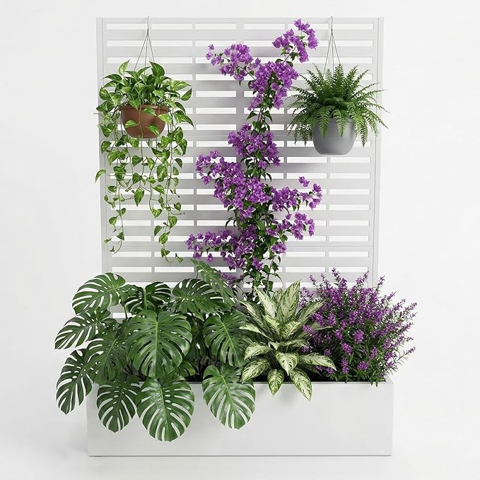Metal Raised Garden Bed with Trellis &amp Privacy Screen 70.1x45x15 Galvanized Metal Planter Box with Drainage Holes for Patio Balcony Outdoor Climbing Plants Flowers Vegetable White