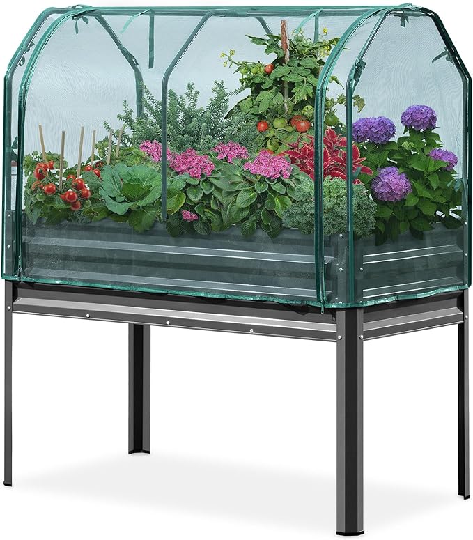 KING BIRD Large Raised Garden Bed with Netting Galvanized Elevated Planter Box with Legs 48×24×56 in for Backyard Patio Balcony 400lb Capacity Dark Grey