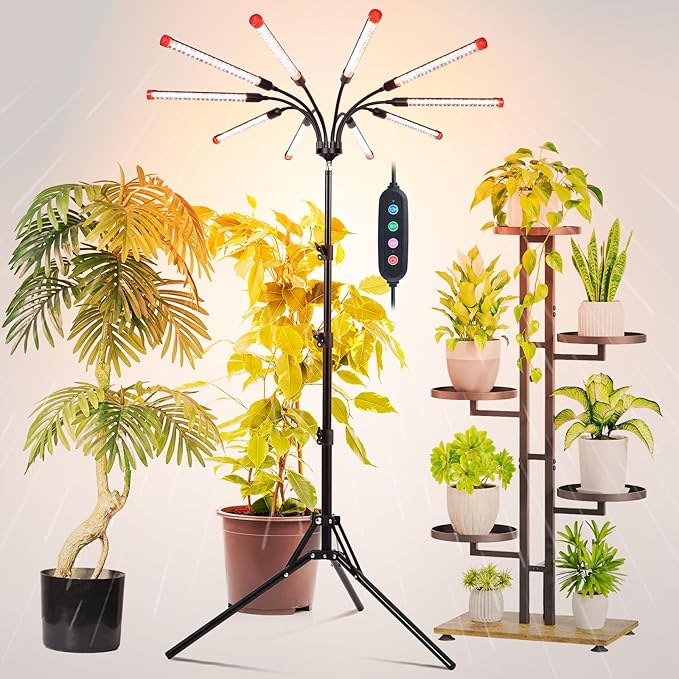 10Head Grow Light with Stand for Tall&ampLarge Indoor Plants Bonsai Tree Big Coverage and Bright Plant Growing Lamps 4/8/12/16/20H Timer 90 Watt Power Draw NO Need Adapter 360° Gooseneck