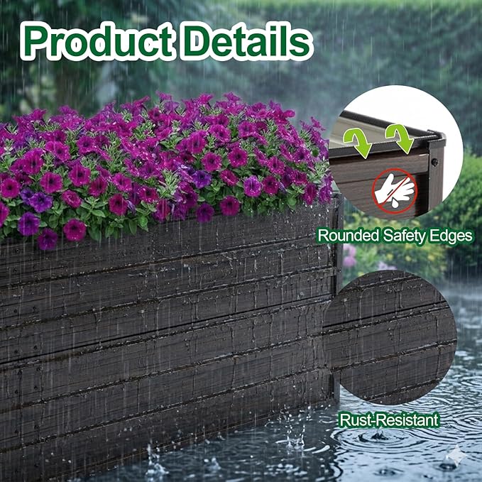 7.2x3.6x2 Ft Outdoor Raised Garden Bed Heavy Duty Galvanized Steel Planter Box with Woodgrain Finish Rectangular Garden Trough for Vegetables Herbs Fruits &amp Flowers Brown