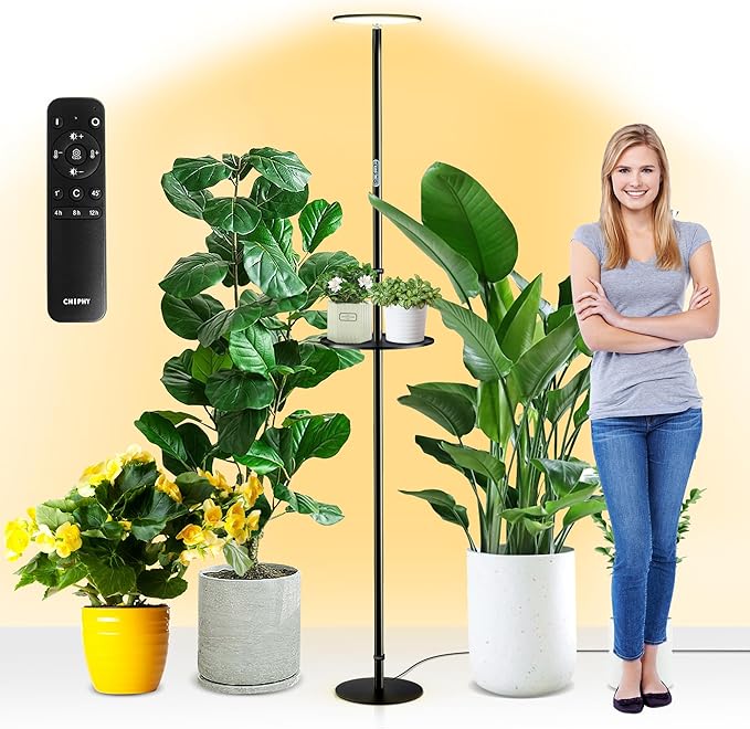 chiphy 69 Full Spectrum Grow Light for Indoor Plants 40W Tall Plant Lights with Tray 4/8/12H Timer 10 Level Dimmable Brightness Heights Adjustable Remote Control Ideal for Large Tall Plants