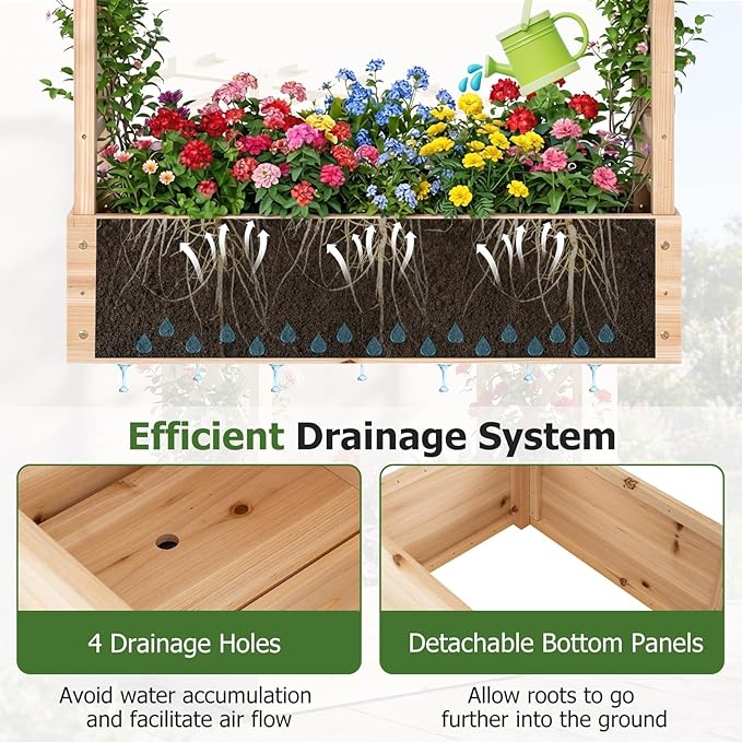 HAPPYGRILL Raised Garden Bed with Trellis &amp Hanging Roof 45 Tall Wooden Planter Box with Drainage Holes Outdoor Wood Elevated Garden Bed for Climbing Plants Vines Vegetables Flowers (Natural1)
