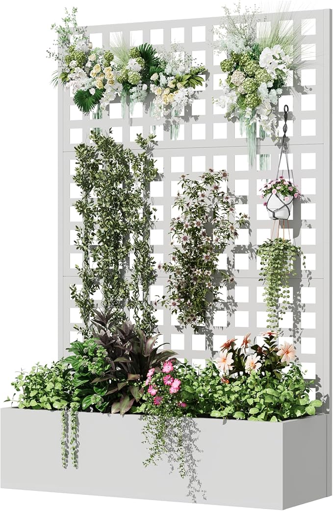 Metal Planter Box with Trellis 71x 47x 16 Raised Garden Bed with Trellis Planter Box Trellis with Privacy Screen and Drainage Holes White