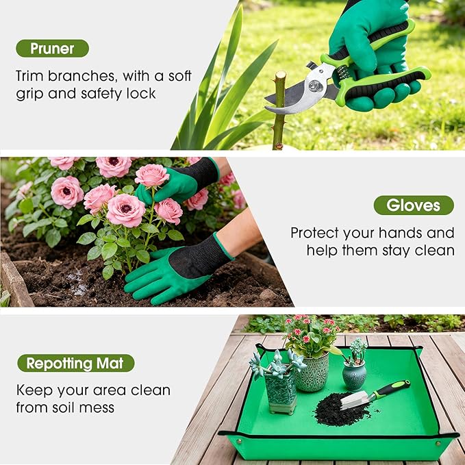 WOWBOX Garden Tools Set - 10 PCS Heavy Duty Gardening Hand Tools Kit with Storage Tote Rust-Resistant Gardening Supplies for Planting with Non-Slip Ergonomic Handle for Women and Men (Green)