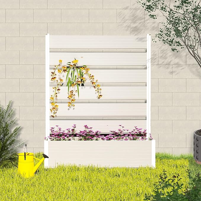 Vertical Screen Planter Bed - Raised Garden Box with Trellis for Climbing Plants Durable Privacy Fence Planter for Outdoor Patio Deck Aluminum Frame Beige