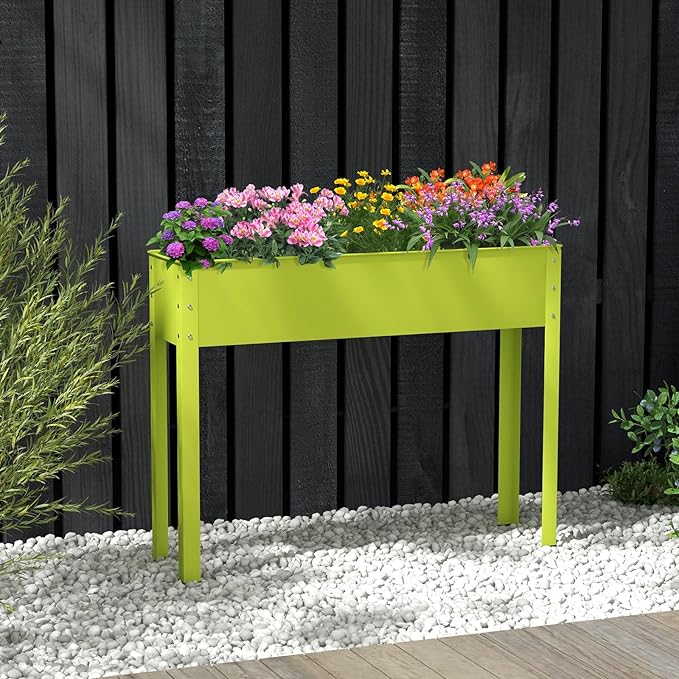 HAPPYGRILL Raised Garden Bed 31.5” Elevated Planter Box w/Legs Drainage Hole Hemming Design Metal Garden Box for Vegetable Herb Outdoor Raised Beds for Gardening Backyard Porch Balcony Green