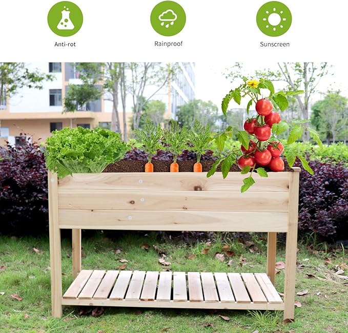 Raised Garden Bed Planter Box with Legs Storage Shelf Wooden Elevated Vegetable Growing Bed for FlowerHerbBackyardPatioBalcony 48.5x30x24.4in(colourless)