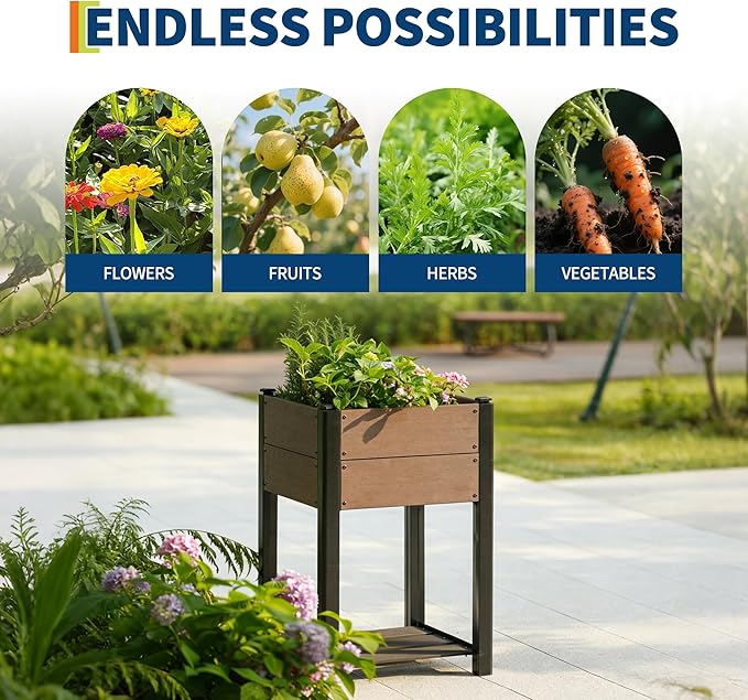 PeakPursuit All-Weather Elevated Garden Bed with Storage Shelf HDPE Wood Grain Planter Box &amp Sturdy Black Aluminum Frame for Vegetables Herbs on Patio Balcony19 l x 33 h