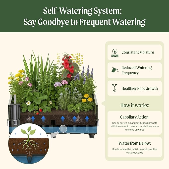 Vego garden EZCube Self Watering Planter Box with Legs 29 Elevated Raised Garden Bed with Water Gauge for Patio Backyard 21 x 48 Fog Gray