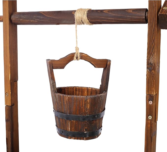 Rustic Wooden Wishing Well Planter Outdoor Home Décor for Patio Garden Yard wHanging Bucket
