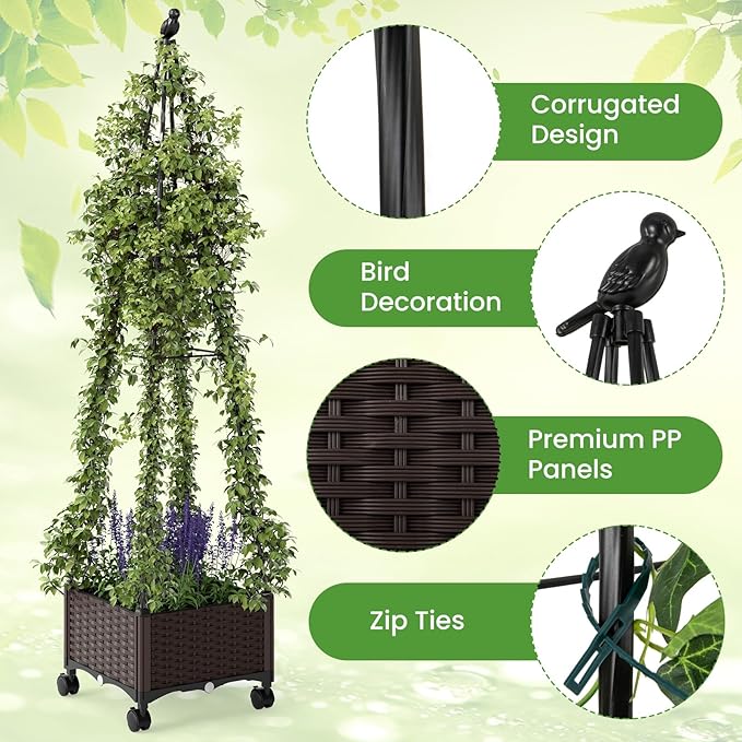 HAPPYGRILL 71 Garden Trellis for Climbing Plants Self-Watering Raised Garden Bed w/Obelisk Trellis Lockable Wheels Adjustable Height Indoor Outdoor Vertical Planter Box for Flower Vine (1)