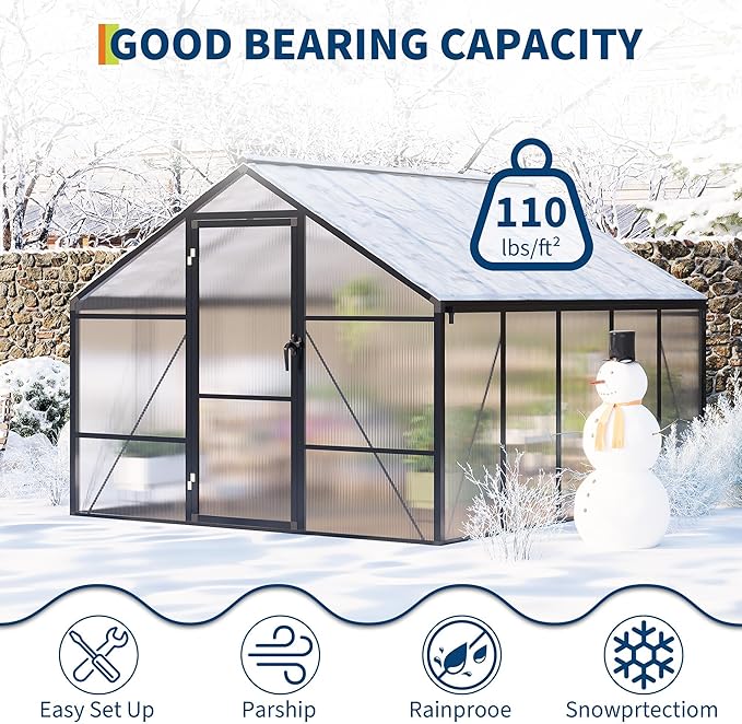 8x10 FT Greenhouse Greenhouses for Outside Polycarbonate Greenhouse with Aluminum Frame Lockable Door and Ajustable Roof Vent for Backyard Green Houses for Outside Garden Backyard Patio