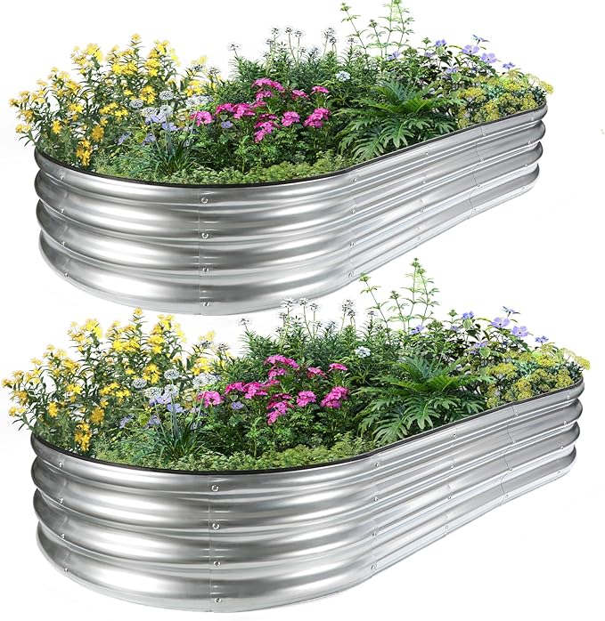 JERIA 2 Pcs 6×3×1ft Oval Raised Garden BedGalvanized Raised Garden Bed Kit Outdoor Metal Gardening Planter Box for Vegetable Fruits FlowerHerbs