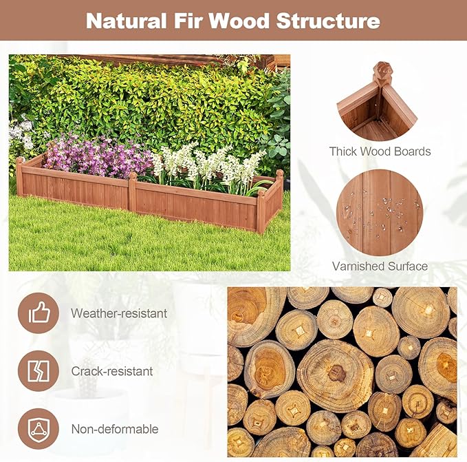 Giantex Wood Raised Garden Bed Planting Bed with Corner Drainage Non-Woven Liner for Growing Vegetables Flowers Herbs Fruits 89”x23.5”x16” Divisible Planter Box for Backyard Garden Lawn