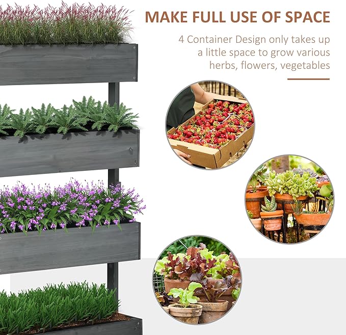 Wooden Vertical Raised Garden Bed 4 Tier Garden Planters Self-Draining with Non-Woven Fabric System Standing Plant Box for Plants Herbs Flowers Vegetables Outdoor Indoor Gardening