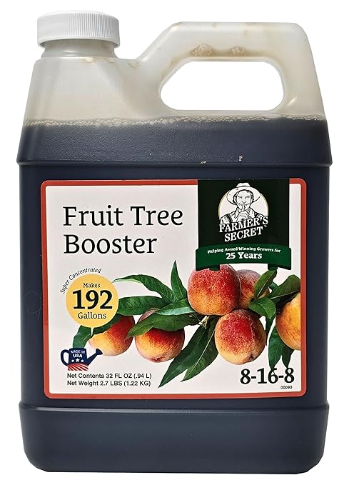 Farmer's Secret Fruit Tree Booster Fertilizer (32oz) - Super Concentrated and Phosphorus Rich - Formulated for All Fruit Trees Including Peach Banana and Apple