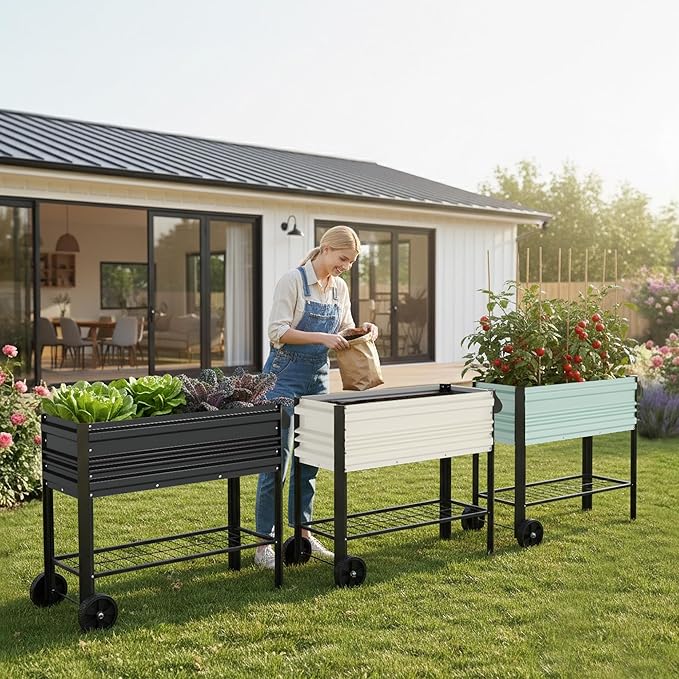 WORKPRO Galvanized Raised Garden Bed with Legs &amp Wheels 37x14.6x31.6in 400LB Capacity Elevated Planter Box for Garden Backyard Patio &amp Deck White