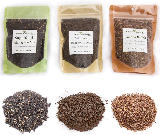 Heirloom Sprouting &amp Microgreen Seed Variety Pack | Contains Waltham 29 Broccoli Sprouting Seeds Rainbow Radish Sprouting Seeds Mix &amp Superfood Microgreen Mix | Non-GMO | Rainbow Heirloom See
