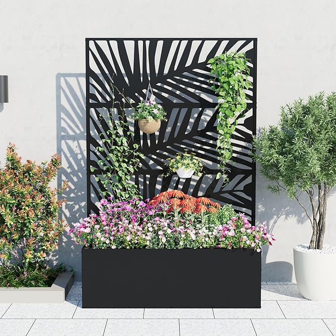 GarveeLife Metal Planter Box with Trellis 71x47x16 Raised Garden Bed for Climbing Plants Vegetables Vines Privacy Planters for Patio with Drainage Holes 15.7 Deep Planting Bed