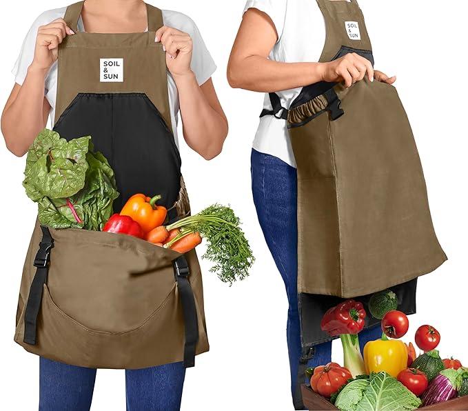 Soil &amp Sun Gardening Apron with Pockets and Harvesting Pouch - Durable Canvas Design for Men and Women - Convenient Tool Storage and Effortless Harvesting (Dark Beige)