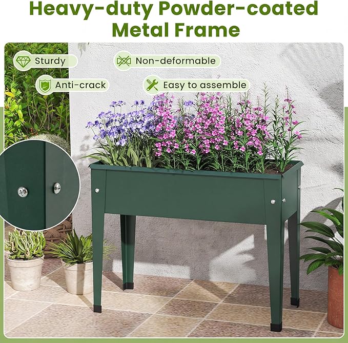 2 Pcs Raised Garden Bed with Legs 24 x 11 x 18 Inch Metal Elevated Planter Box w/Drainage Hole for Flowers Herbs Standing Raised Planter Bed for Indoor Outdoor Balcony Patio Backyard Green