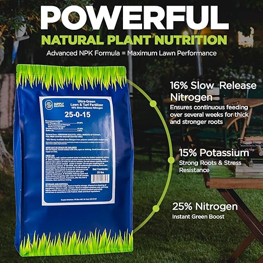 Supply Solutions 25-0-15 Ultra Green Lawn and Turf Fertilizer - 16% Slow Release Nitrogen - Promotes Lush Green Lawns and Strong Root Growth Reduces Mowing Frequency (25 Pounds)