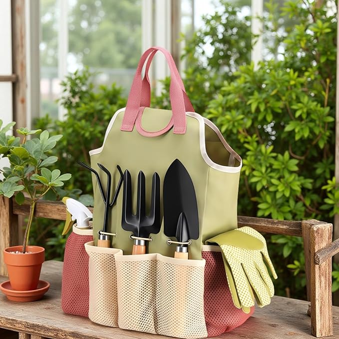 Garden Tool Set 9 Pcs with Wooden Handles Gift for Women &amp Men Includes Tote Bag Transplanter Fork Rake Trowel