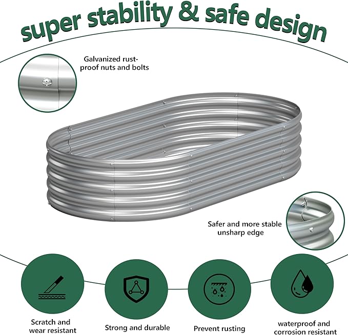 4x2x1FT Galvanized Raised Garden Bed KitVegetable Boxes-Oval Metal Flower BoxLarge Planter Raised Beds Outdoor Garden for PlantingFruitHerb-Silver
