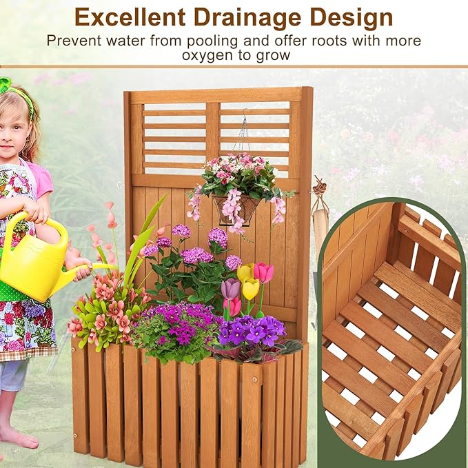 HAPPYGRILL Raised Garden Bed Wooden Planter w/Trellis &amp Privacy Screen for Hanging Pot Plants Outdoor Elevated Planter Box w/Slatted Bottom &amp 2 Side Hooks for Balcony Patio Garden (2)