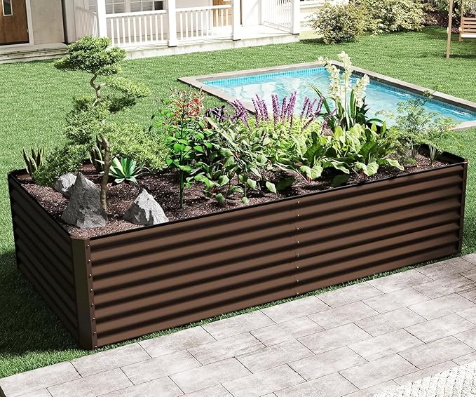 8×4×2 ft Galvanized Raised Garden Bed Outdoor Planter GBoxes Large Metal Planter Box for Gardening Vegetables Fruits Flowers Brown