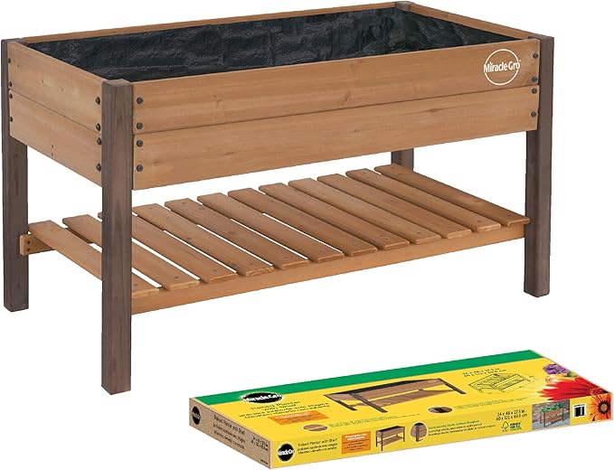 Miracle-GRO 2 x 4 Ft. Wooden Raised Garden Planter with Shelf 6.4 Cu. Ft. Above Ground Garden with Powder-Coated Metal Brackets for Decks and Yards