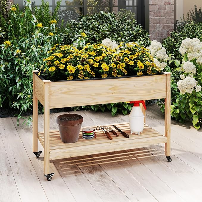 Raised Garden Bed with Legs Wood Raised Planter w/Lockable Wheels Drainage Holes &amp Storage Shelf Planter Box for Flowers Herbs Outdoor Balcony Backyard Natural 47 L x 23 W x 33 H