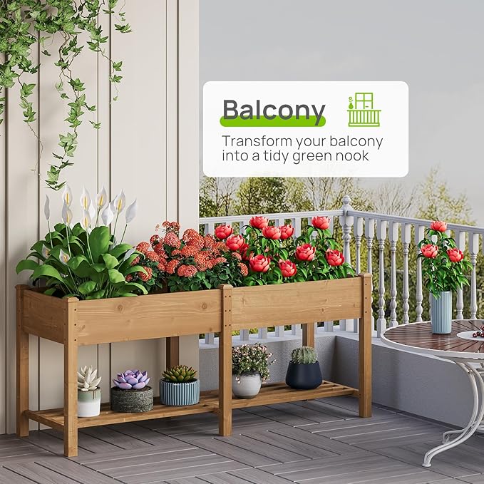 Raised Garden Bed with Legs Wood Elevated Planter Box Gardening Outdoor Planter Box Patio Kit Planting Bed for Vegetables Flowers Herbs Outdoor for Patio Balcony Backyard 72x24x30.7in(Brown Large)