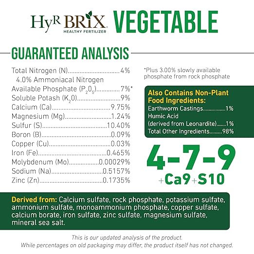 HyR BRIX Slow-Release 4-7-9 Vegetable Fertilizer 20lb Bucket - Garden Fertilizer with Calcium &amp Sulfur - Essential Micronutrients for Healthier Produce - Made for Variety of Crops
