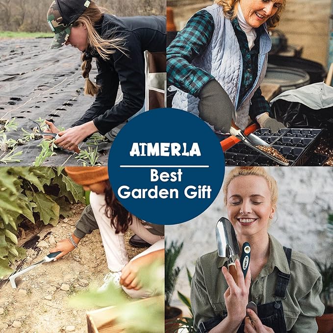 Aimerla Gardening Tools Set of 9 Heavy Duty Garden Tools with Non-Slip Rubber Grip with Large Garden Bag Durable for Garden Weeding Gifts for WomenMen