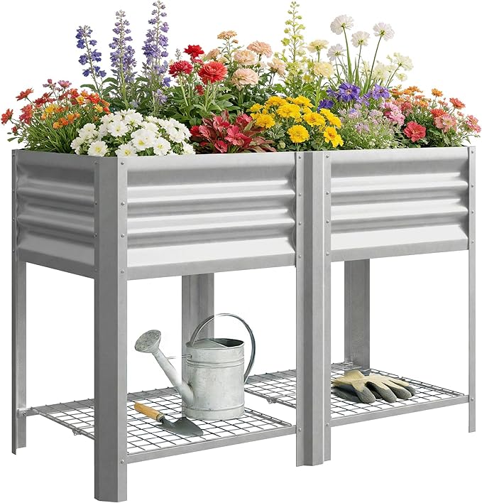 Outsunny Galvanized Steel Raised Garden Bed with Storage Shelf and Bed Liner Elevated Planter Box with Legs for Flowers Vegetables and Herbs for Outdoor Patio Yard Glove Included Silver
