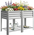 Outsunny Galvanized Steel Raised Garden Bed with Storage Shelf and Bed Liner Elevated Planter Box with Legs for Flowers Vegetables and Herbs for Outdoor Patio Yard Glove Included Silver
