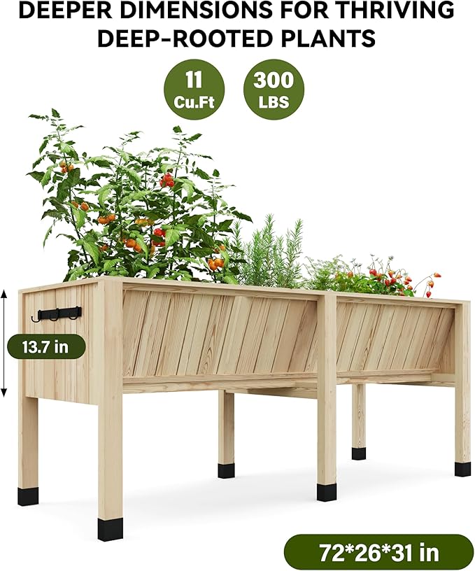 Wooden Raised Garden Bed with Legs45x23x30inElevated Planter Box Stand for Vegetable Flower Herb OutdoorsPlanter Raised Beds with Hooks 300Lb Capacity