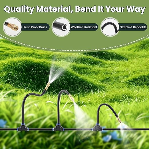 Automatic Drip Irrigation Kits - Garden Watering System with 360° Bendable Spray Adjustable Copper Atomizing Nozzles for Yard Lawn Raised Bed Greenhouse Potted Plants (24 Nozzles 100FT Hose)