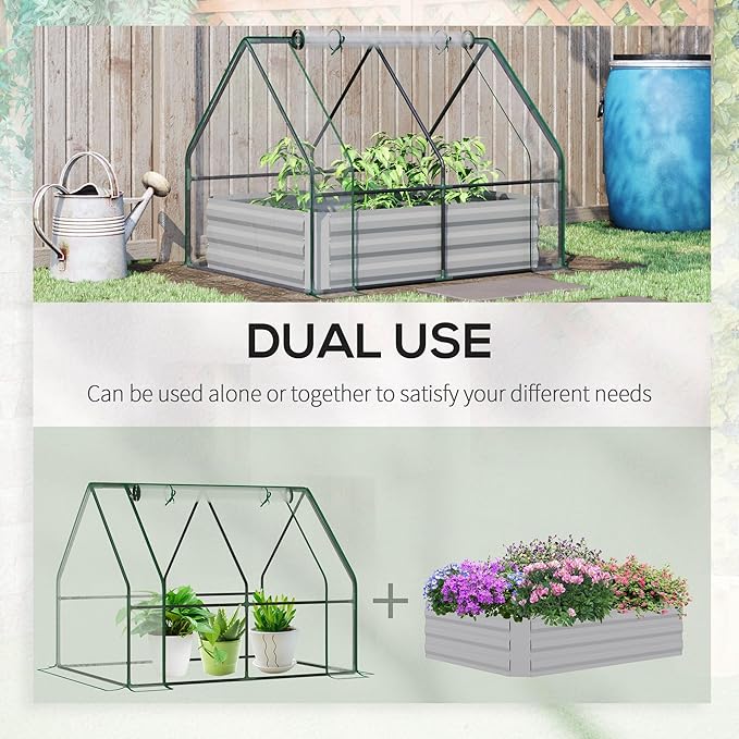 4' x 3' Galvanized Raised Garden Bed with PVC Greenhouse Cover Outdoor Metal Planter Box with 2 Roll Up Windows for Growing Flowers Fruits Vegetables and Herbs Clear