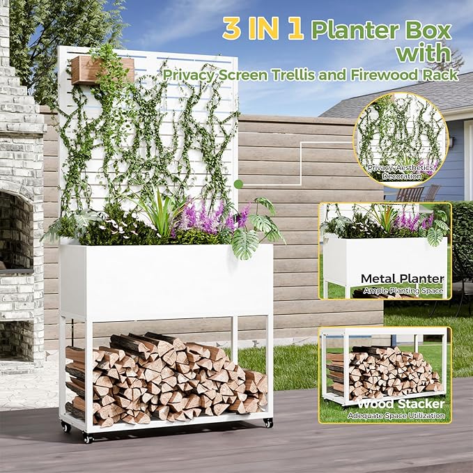 Raised Garden Bed with Trellis Metal Raised Planter Box with Trellis Privacy Planters for Patio Raised Garden Beds Outdoor Standing with Drainage Holes Wheels White
