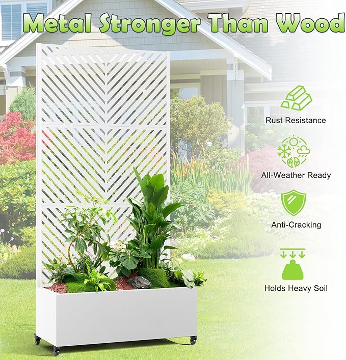 15.7×70.9×35.4 Metal Raised Garden Bed with Trellis and Wheels - Tall Trellis Planter Box for Climbing Plants Vegetables &amp Vines - Outdoor Privacy Planters for Patio (White-Parallel)